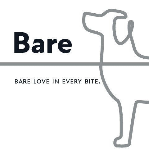 A minimalist graphic with the word 'Bare' in large black text, the phrase 'BARE LOVE IN EVERY BITE.' below, and a light gray line drawing of a dog on a white background.