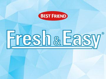 A blue geometric background with the words 'Fresh & Easy' in large white outlined lettering and a red oval logo above reading 'BEST FRIEND'.