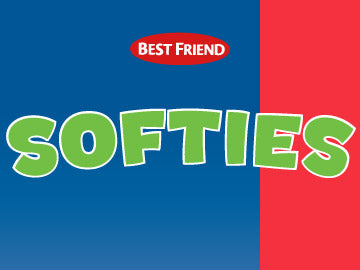 A graphic design with a vertical split background of blue on the left and red on the right. Large green bubbly text across the center reads 'SOFTIES' with a white outline.