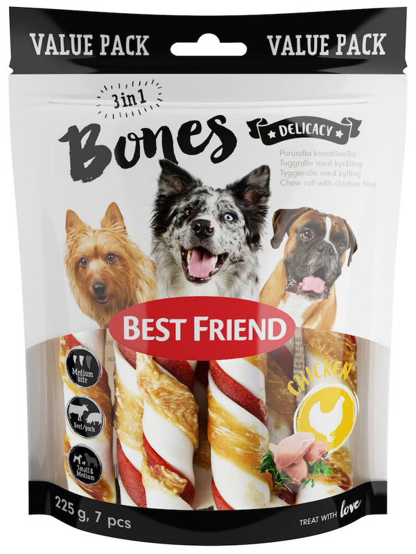 Best Friend Bones 3in1 oxe och gris tuggrulle med kycklingfilé