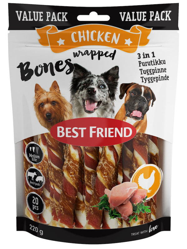 Best Friend Bones 3in1 okse og gris tyggepinde med kyllingefilet